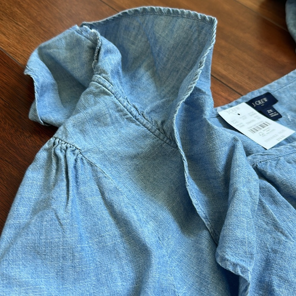 J. Crew Light Blue Chambray Ruffled Tie-Neck Blouse - Picture 4 of 6